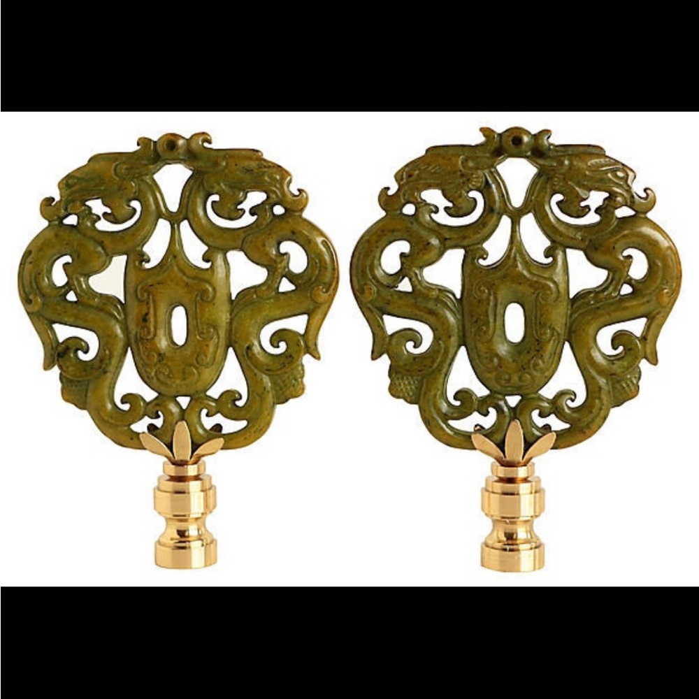 Asian Lamp Finials - Green Carved Stone Scrolls on Shiny Brass Bases